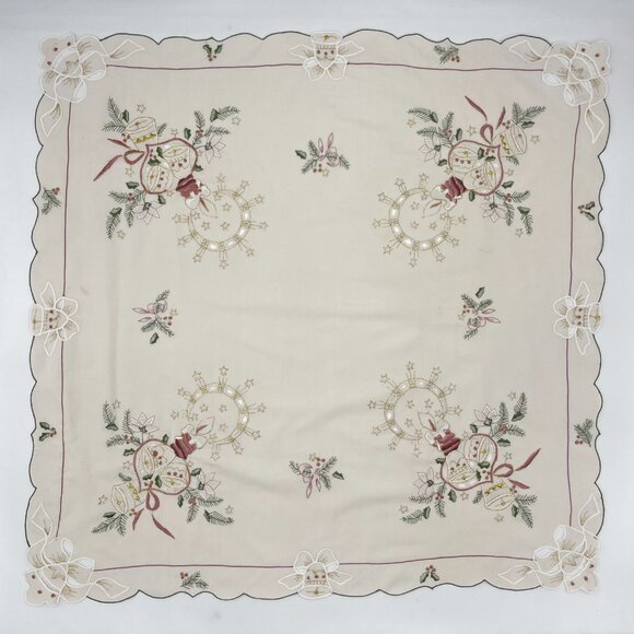 Christmas Tablecloth Small Embroidered FLAWS Off-White Square Candles Bows Bells - Picture 1 of 13